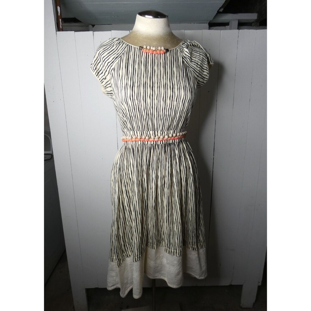 Anthro Vineet Bahl Women's M Embroidered Shift Dress Cap Sleeve Striped Midi